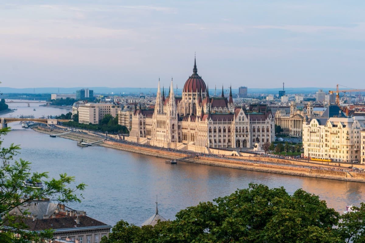 The Hungarian Parliament on the Danube at sunset, Budapest